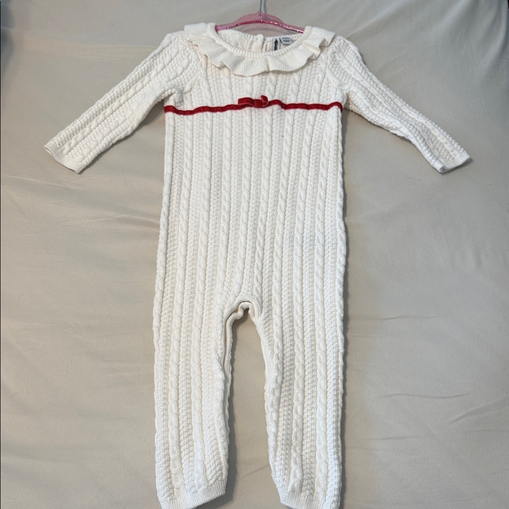 JANIE & JACK WHITE CABLE KNIT BABY ONE PIECE W/ RED BOW!